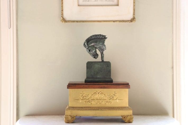 Bronze horse head maquette sculpture by Edward Waites, stylised warrior-inspired equine artwork.