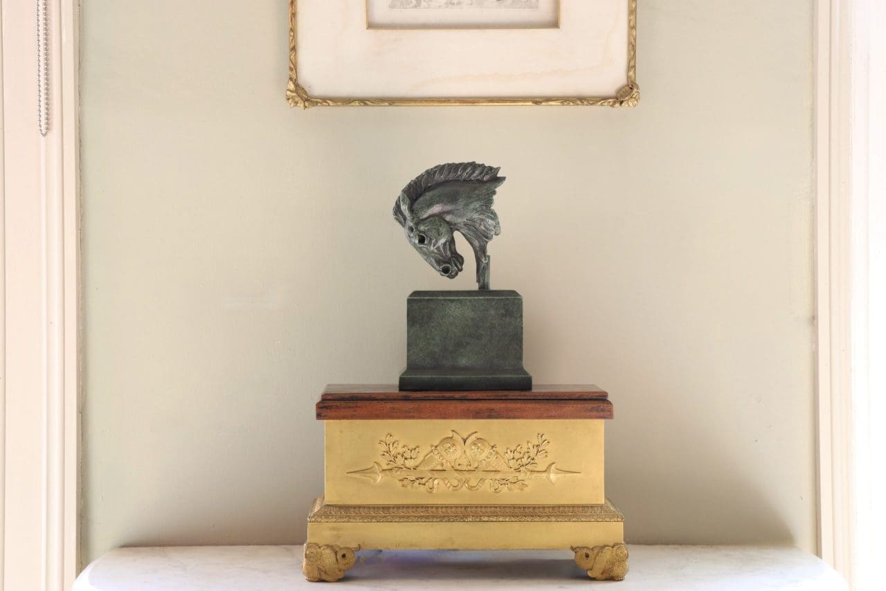 Bronze horse head maquette sculpture by Edward Waites, stylised warrior-inspired equine artwork.