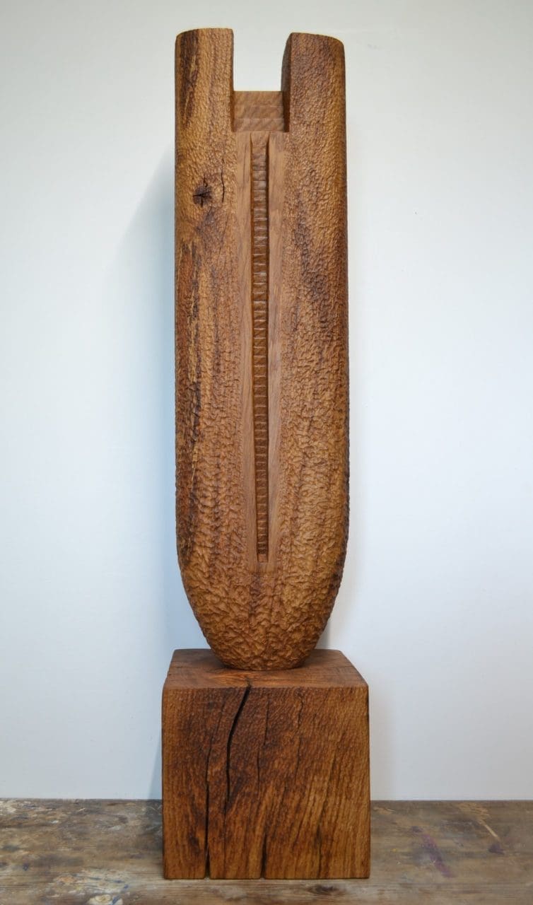 Carved oak abstract sculpture Ascent by Nicola Bettie for interior display