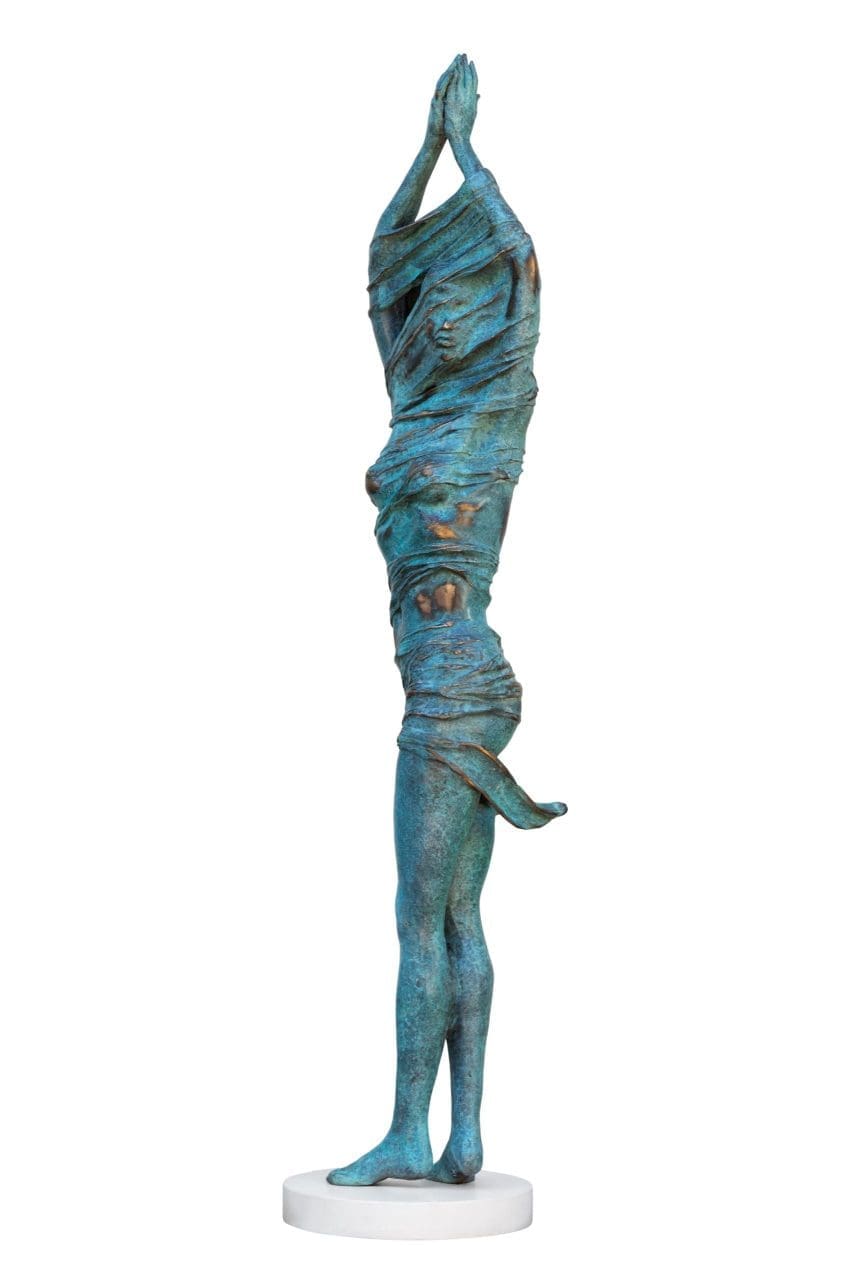 Bronze figurative sculpture “The Only Way Out Is In” by Heidi Hadaway