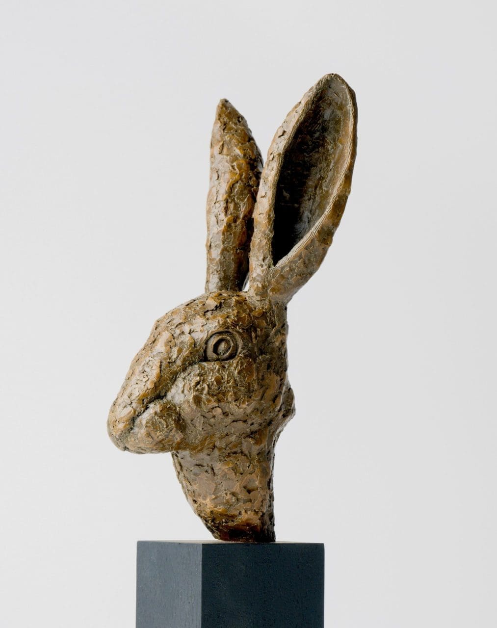 Alert hare sculpture in bronze resin by Marie Shepherd, upright listening wildlife statue.
