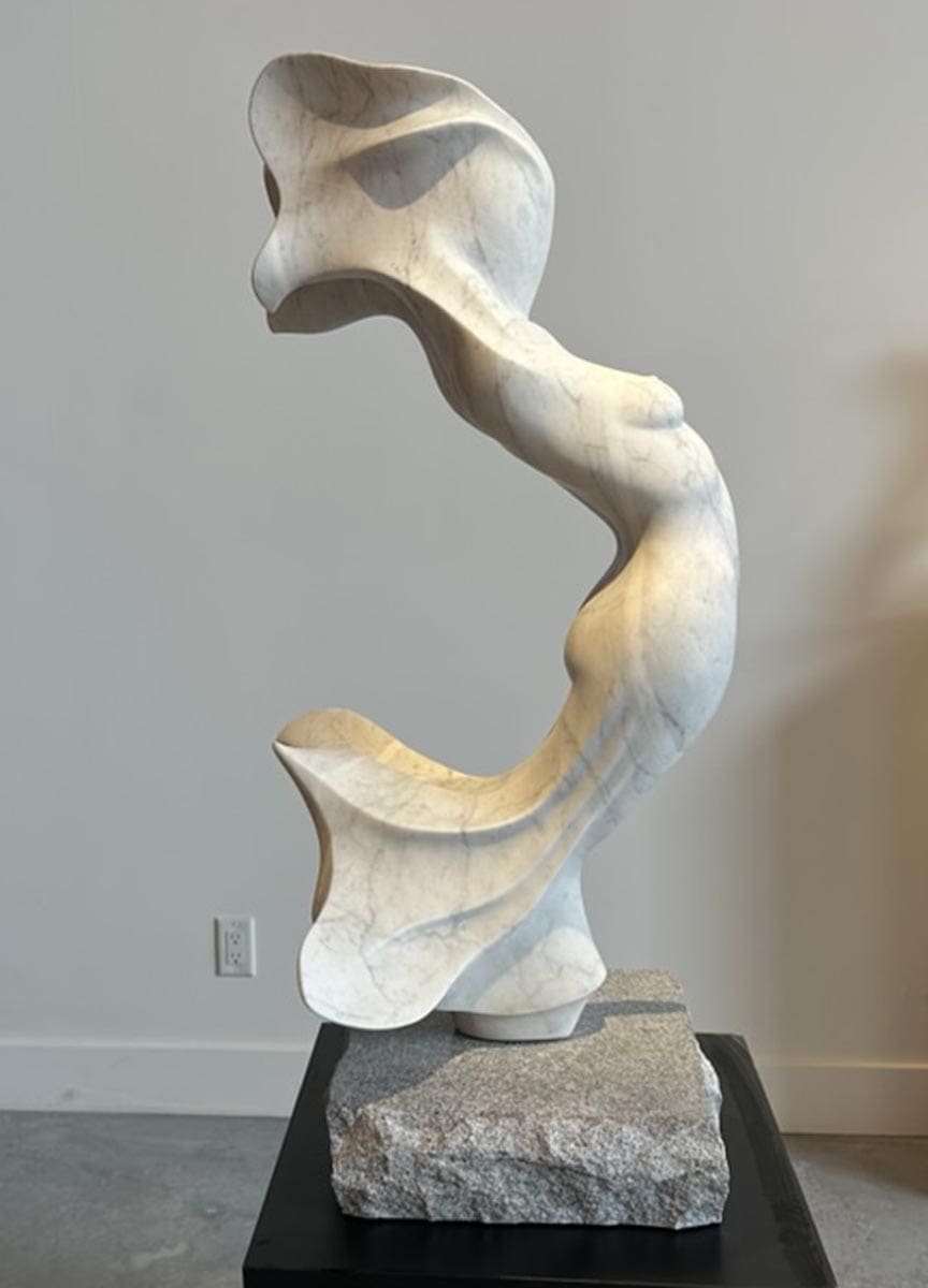Figurative Carrara marble sculpture Facing Her Storm by Michael Binkley