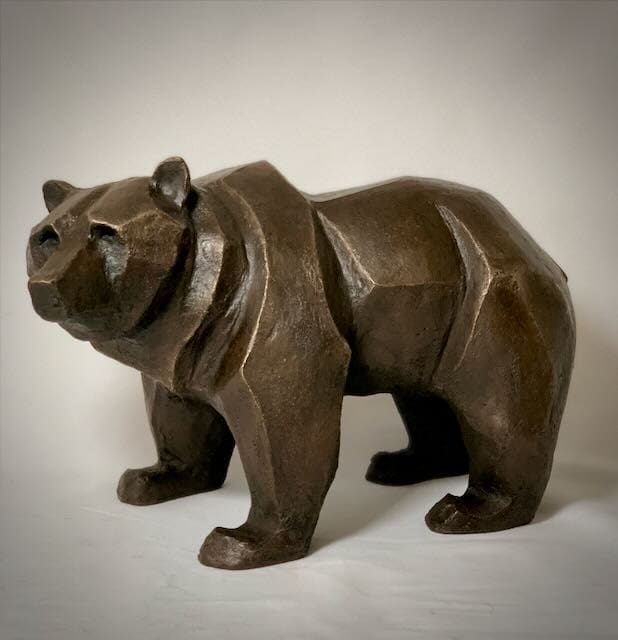 Contemporary acrylic resin sculpture of a grizzly bear by Marie Ackers, capturing strength, power and wilderness.