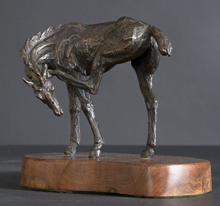 Bronze foal sculpture scratching its leg by Jan Sweeney