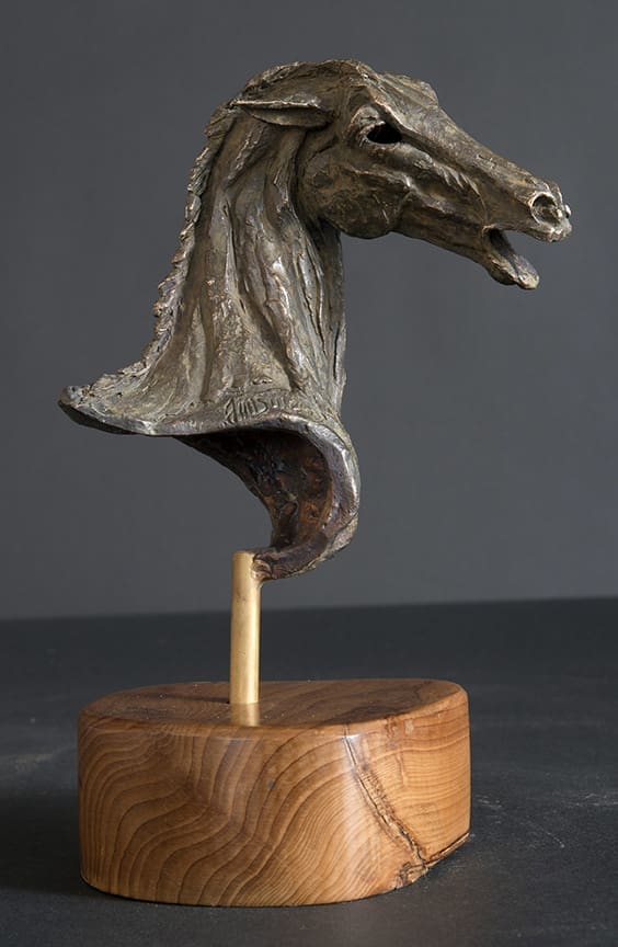 Expressive bronze horse head sculpture “Horse Study – Angry” by Jan Sweeney