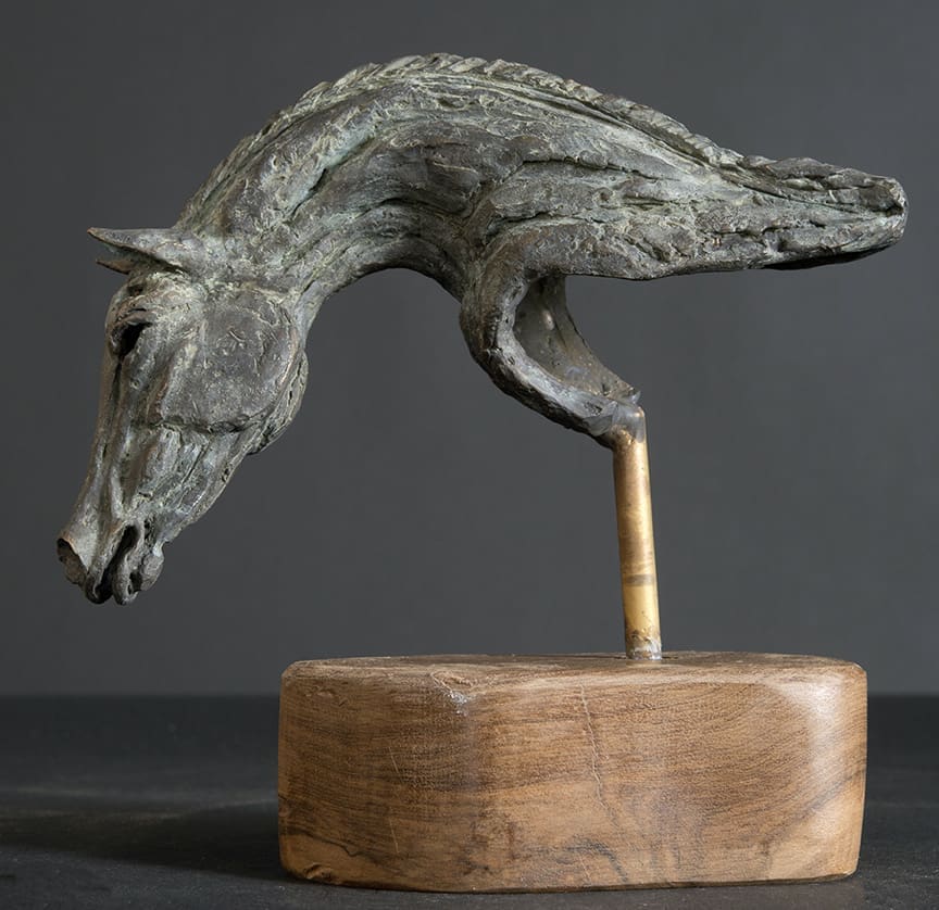Bronze horse head sculpture “Horse Study – Stretching” by Jan Sweeney
