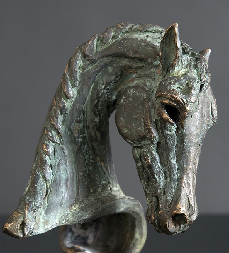 Bronze horse head sculpture “Horse Study – Turning” by Jan Sweeney