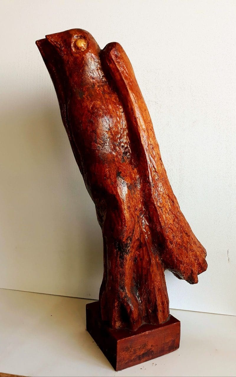 Abstract carved wood bird sculpture “Hurt Bird” by Tania Ivanova Tzanova