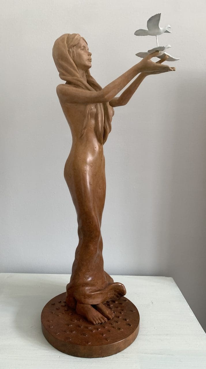 "Hope" Bronze Little semi Nude Girl with Doves Sculpture, - Image 2