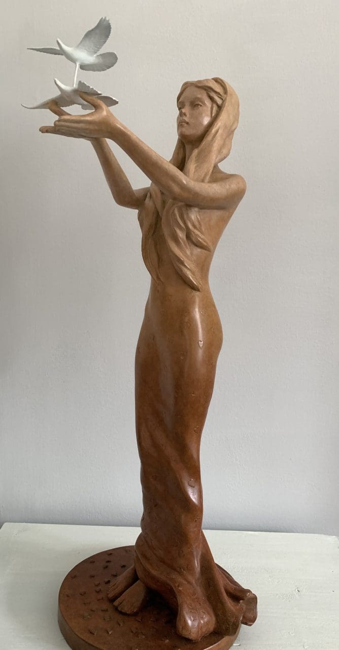 "Hope" Bronze Little semi Nude Girl with Doves Sculpture, - Image 4